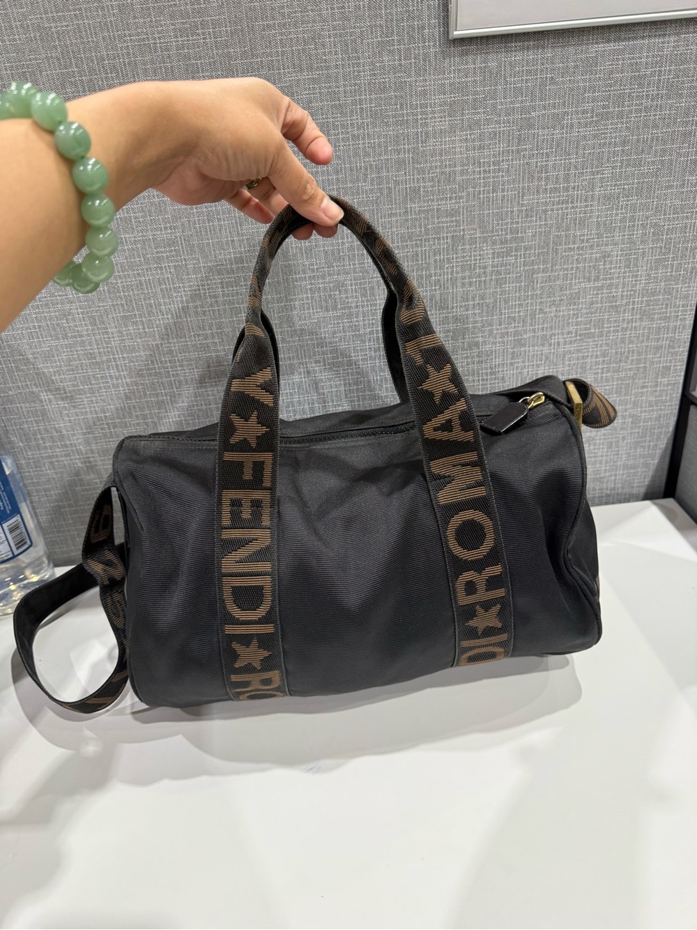 Authentic Fendi Roma Black and Brown Logo-Strap Duffel Nylon Bag